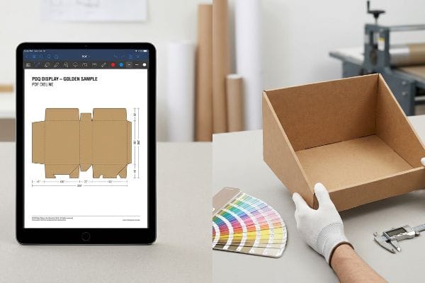 Brown cardboard PDQ tray, tablet showing Pdq Display - Golden Sample Pdf Dieline, color swatch, and digital caliper.