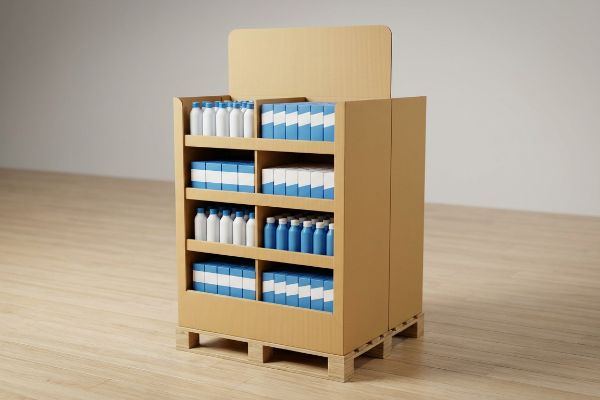 Corrugated PDQ half pallet display, stocked with white and blue bottles, and blue-striped product boxes, on a wooden pallet.