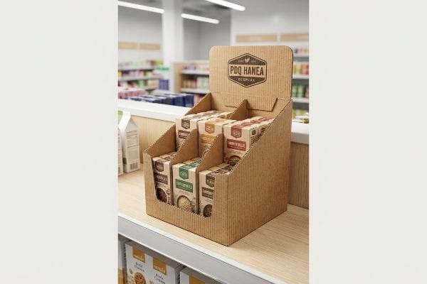 A retail store shelf features a corrugated cardboard PDQ Hanea Display, presenting multiple flavors of packaged goods like Cinnamon Swirls and Honey Oat.