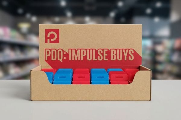 A corrugated cardboard PDQ display box, featuring a red graphic with the PDQ logo and 'PDQ: Impulse Buys' text, holds rows of red and blue product holders, positioned in a blurred retail store setting.