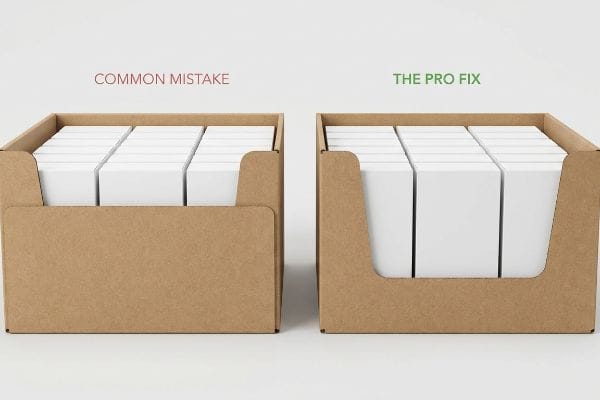 Bandejas de exibição PDQ em papelão marrom ilustrando o erro comum de uma borda frontal alta versus a solução profissional para melhor visibilidade do produto.