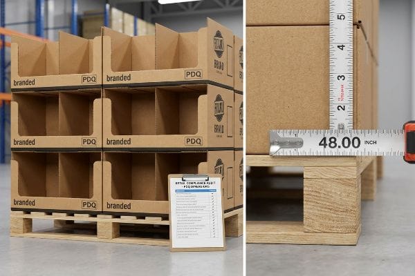 Corrugated cardboard Pdq displays on a Gma pallet, with a 48-inch measurement and a Retail Compliance Hub checklist.