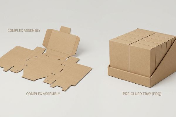 Brown cardboard flat-packed Complex Assembly template next to a Pre-Glued Tray (PDQ) filled with small boxes, illustrating merchandising efficiency.