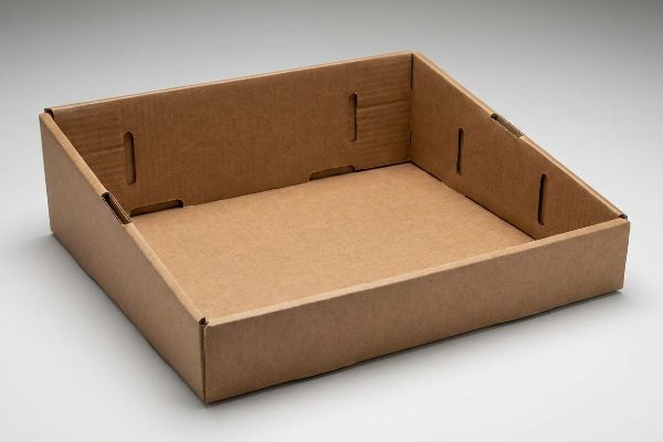 An empty brown corrugated cardboard PDQ display tray, featuring visible side support slots for enhanced structural integrity.