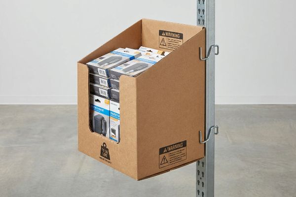 A corrugated PDQ sidekick merchandiser hangs on a metal upright with S-clips, showing packaged electronics, Warning labels, and '15.30 Lbs'.