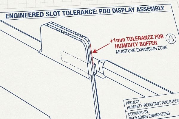 Corrugated cardboard blueprint detail showing Engineered Slot Tolerance for PDQ Display Assembly, highlighting a +1mm Tolerance for Humidity Buffer Moisture Expansion Zone.