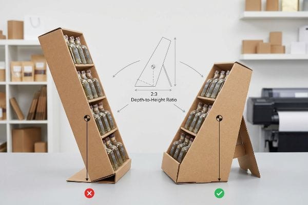Brown cardboard PDQ displays show stability comparison of countertop merchandisers with glass bottles, highlighting the 2:3 Depth-to-Height Ratio.