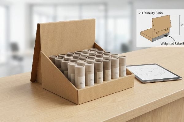 Brown corrugated PDQ display box, engineered with a 2:3 Stability Ratio and Weighted False Bottom, holding product tubes on a wooden desk.