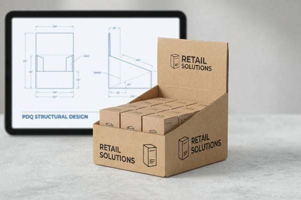 A retail-ready PDQ display, branded 'Retail Solutions', holds multiple small product boxes, positioned in front of a tablet displaying a 'PDQ Structural Design' blueprint.
