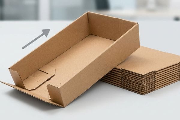 Brown corrugated cardboard PDQ tray partially assembled, with an upward arrow, beside a stack of flat-packed retail-ready trays.