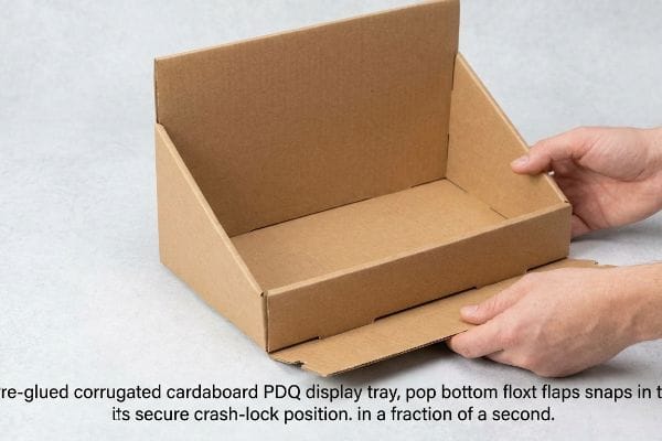 Corrugated cardboard PDQ display tray with pre-glued pop bottom flaps snapping into a secure crash-lock position during assembly.