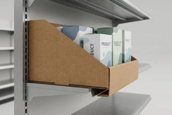 Corrugated cardboard PDQ tray on a metal gondola shelf, displaying white Product boxes with blue and green wavy designs.