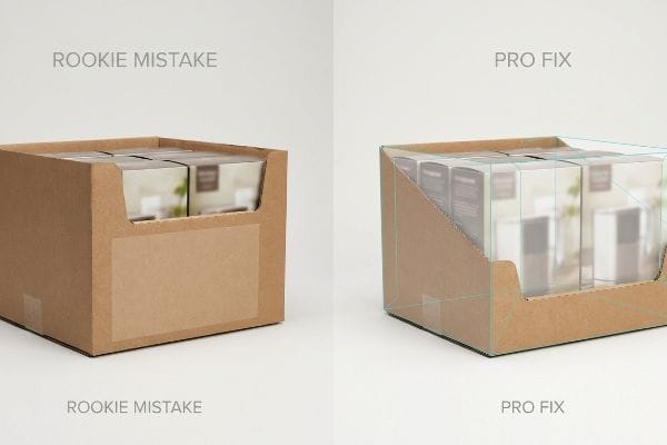 Brown corrugated cardboard PDQ trays comparing a Rookie Mistake tall lip with a Pro Fix low lip for enhanced product visibility.