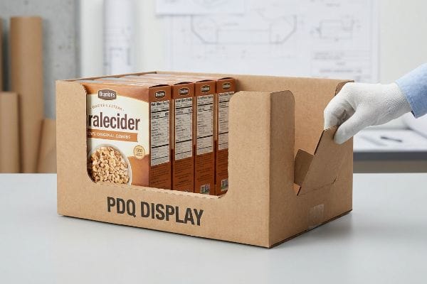 Corrugated cardboard Pdq Display tray holding Branters Oralecider cereal boxes, with a hand adjusting a pre-glued modular wall for quick assembly.