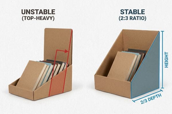 Natural brown cardboard PDQ display comparison illustrates an Unstable (Top-Heavy) design versus a Stable (2:3 Ratio) counter easel holding notebooks.