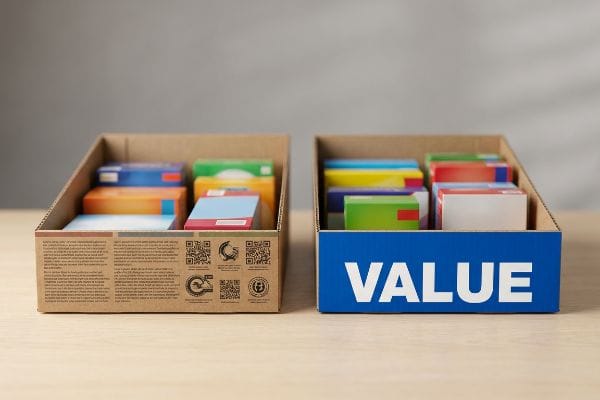 Brown cardboard PDQ tray with text and QR codes next to a blue PDQ tray featuring a bold