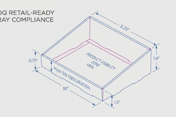 A technical drawing illustrates PDQ Retail-Ready Tray Compliance, detailing dimensions like 3.25