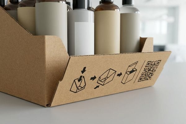 Brown corrugated PDQ tray with IKEA-style visual assembly instructions and QR code, holding retail product bottles.
