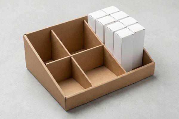Six white product boxes are neatly arranged in a brown cardboard PDQ display tray with multiple empty compartments, ready for retail merchandising.