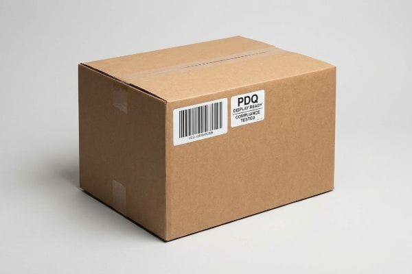Caixa de papelão ondulado marrom com etiqueta de código de barras UCC-128 G4R02N e etiqueta de conformidade PDQ Display Ready.