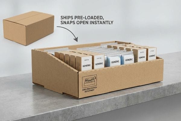 Corrugated PDQ display tray with generic products, showing Zero-Frustration Deployment from a pre-loaded shipping box.