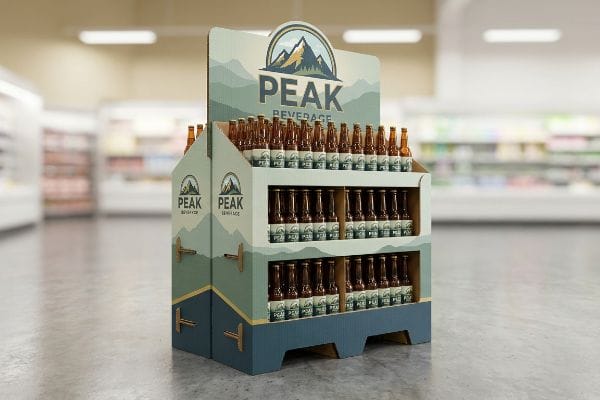 A custom Peak Beverage cardboard display unit holds amber glass bottles in a retail aisle, maximizing impulse purchase visibility.