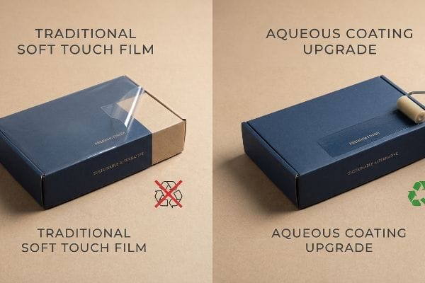 Traditional Soft Touch Film box, plastic peeling, not recyclable, contrasted with an Aqueous Coating Upgrade box, recyclable, both premium finish.