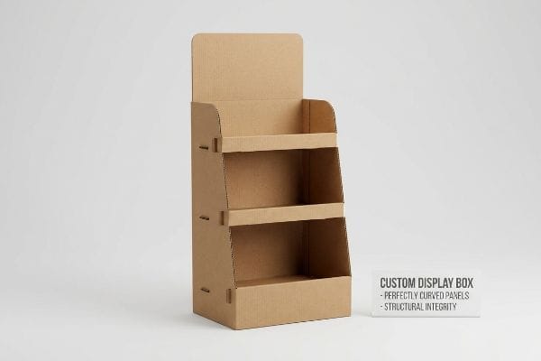 Brown corrugated cardboard Custom Display Box, three-tiered, highlighting Perfectly Curved Panels and Structural Integrity for retail.