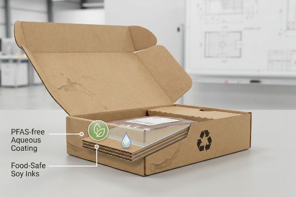 صندوق من الورق المقوى المموج يتميز بطلاء مائي خالٍ من مركبات PFAS وأحبار الصويا الآمنة غذائياً، ويحمل علامة إعادة التدوير.