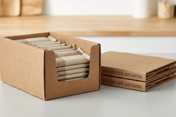 Caixa de papelão ondulado marrom com alimentos embalados individualmente, ao lado de caixas desmontadas com revestimento atóxico livre de PFAS.