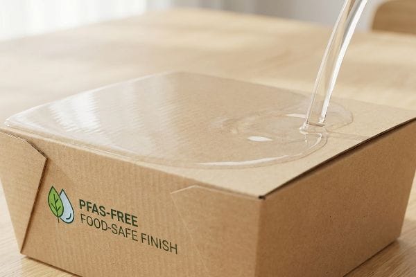 Brauner Kraftkarton mit wasserabweisender, PFAs-freier und lebensmittelechter Beschichtung, auf dessen Oberfläche sich Wasser sammelt.