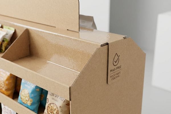 Brown cardboard food display counter with a clear, glossy Pfas-Free Food-Safe Coating, ensuring food safety.