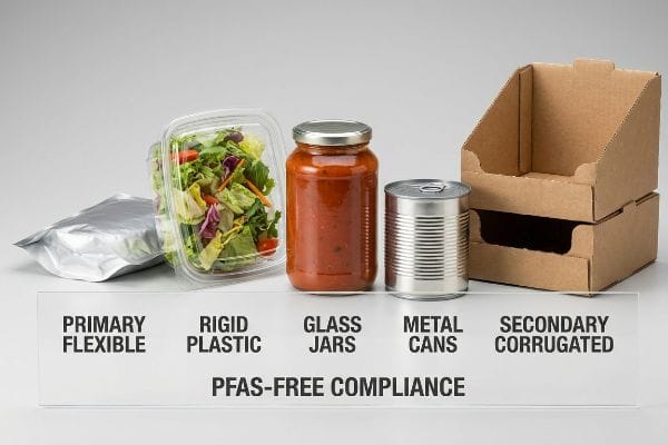 Five PFAS-Free Compliance food packaging types: Primary Flexible, Rigid Plastic, Glass Jars, Metal Cans, and Secondary Corrugated.