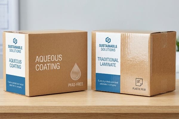 Two brown corrugated boxes, one with 'Aqueous Coating PFAS-Free' and the other 'Traditional Laminate Plastic Film' labels from Sustainable Solutions.