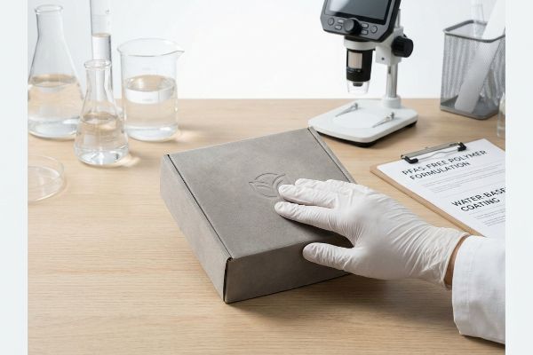 Gloved hand on a gray soft-touch box with embossed logo, near lab beakers and a document showing PFAS-Free Polymer Formulation, Water-Based Coating.