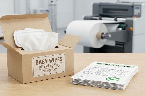 Kraft paper box of Baby Wipes, PFAS-Free Certified, with Material Safety Compliance documents and a manufacturing machine.