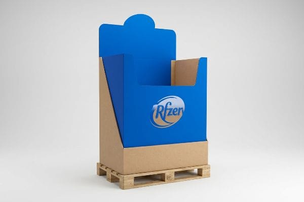Blue and brown corrugated cardboard pallet display featuring a vibrant spot color Pfizer logo for retail merchandising.