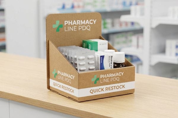 A pharmacy counter features a Pharmacy Line PDQ bin display, filled with blister packs, medicine boxes, and bottles, branded 'Quick Restock'.