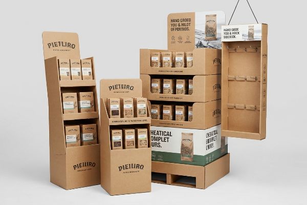 Natural brown corrugated cardboard Pietiliro POP displays: floor, countertop, stacked pallet, and hanging sidekick units. Text: 'Hand Groed You & Hildt Of Perths', 'Hand Gode You & Hock Sidekick'.