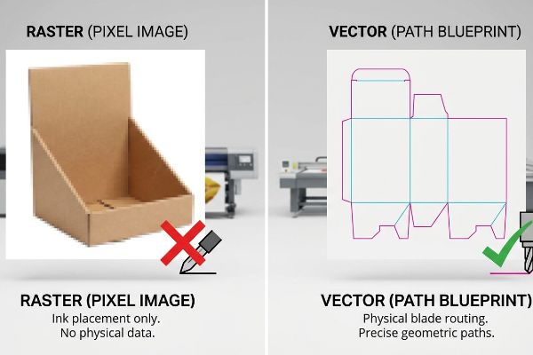 Raster (Pixel Image) cardboard display vs. Vector (Path Blueprint) dieline for precise physical blade routing.