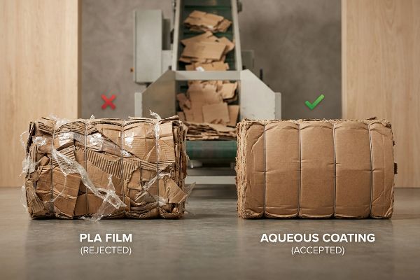 Pla Film (Rejected) cardboard bale with plastic wrap beside a clean Aqueous Coating (Accepted) bale, showing recycling.