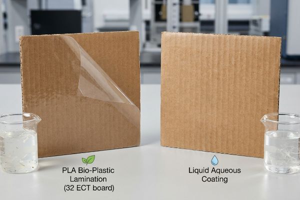 Corrugated board samples: one with peeling PLA Bio-Plastic Lamination (32 ECT board) and another with Liquid Aqueous Coating, contrasting packaging materials.