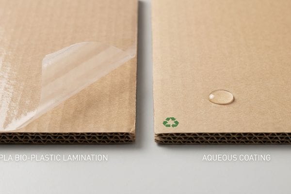 Pla Bio-Plastic Lamination peeling from corrugated cardboard contrasted with an Aqueous Coating featuring a water droplet and recycling symbol.