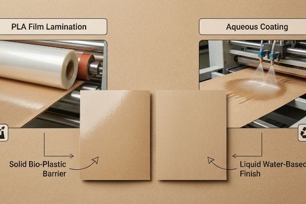 PLA Film Lamination creating a glossy solid bio-plastic barrier on corrugated board, compared to Aqueous Coating applying a liquid water-based finish for a matte texture.