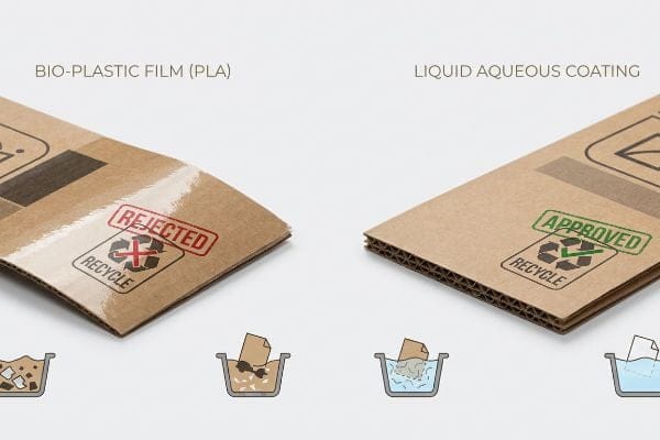 Corrugated cardboard samples comparing Bio-Plastic Film (PLA) with a Rejected Recycle stamp to Liquid Aqueous Coating with an Approved Recycle stamp, demonstrating repulpability.