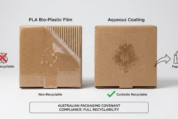 PLA Bio-Plastic Film on a corrugated box is Non-Recyclable, contrasting with an Aqueous Coating box that is Curbside Recyclable for Australian Packaging Covenant.