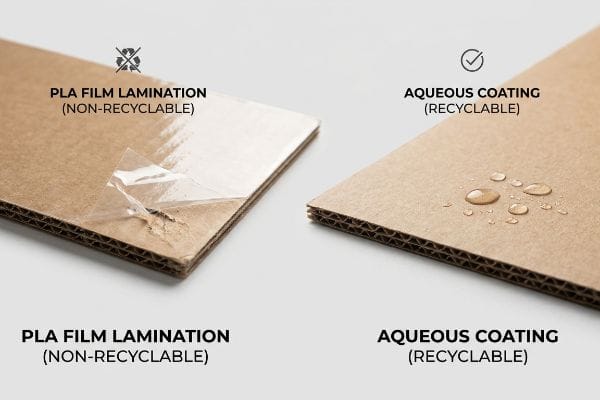 Brown corrugated cardboard comparison: left shows peeling Pla Film Lamination (Non-Recyclable), right displays Aqueous Coating (Recyclable) with water beads.