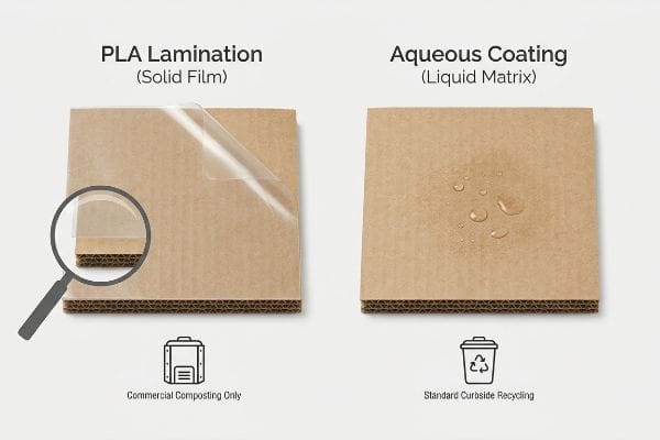 PLA Lamination (Solid Film) for commercial composting, contrasted with Aqueous Coating (Liquid Matrix) for curbside recycling.