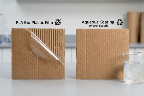 Clear PLA Bio-Plastic Film peeling from corrugated cardboard (non-recyclable symbol) contrasts with an Aqueous Coating (Water-Based) sample (recyclable symbol) and pulp beaker.