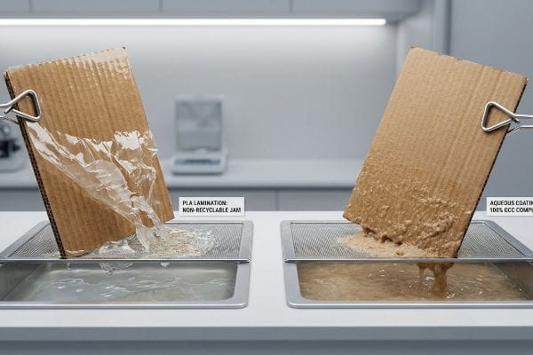 PLA Lamination peeling from cardboard, 'Non-Recyclable Jam', vs. Aqueous Coating dissolving, '100% OCC Compliant', in recycling test.